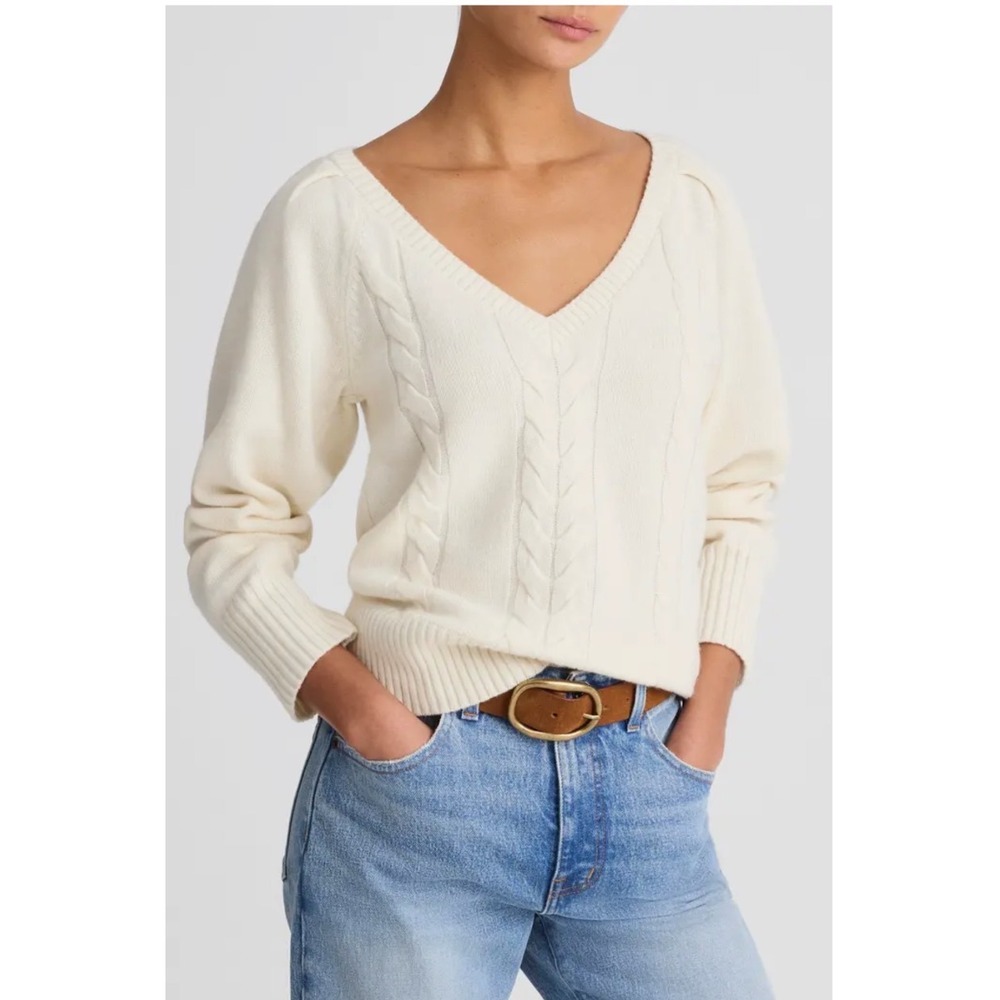 Madewell NWT Women's V‎ Neck Merino Wool Cable Knit Sweater Small Cream Pullover
